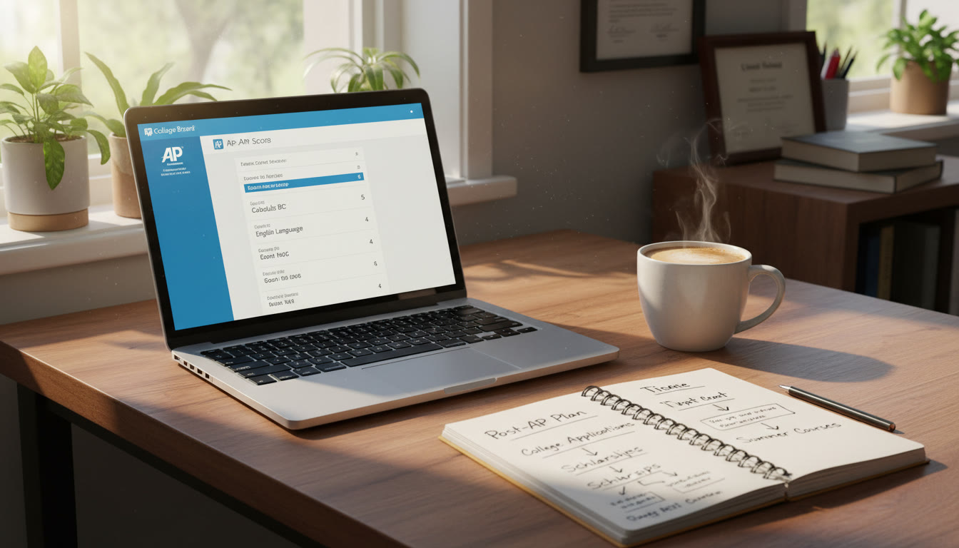 Photo Idea : A calm, inviting workspace with an open AP exam score report on a laptop, a notebook with a handwritten plan, and a cup of coffee—conveys reflection and strategy.