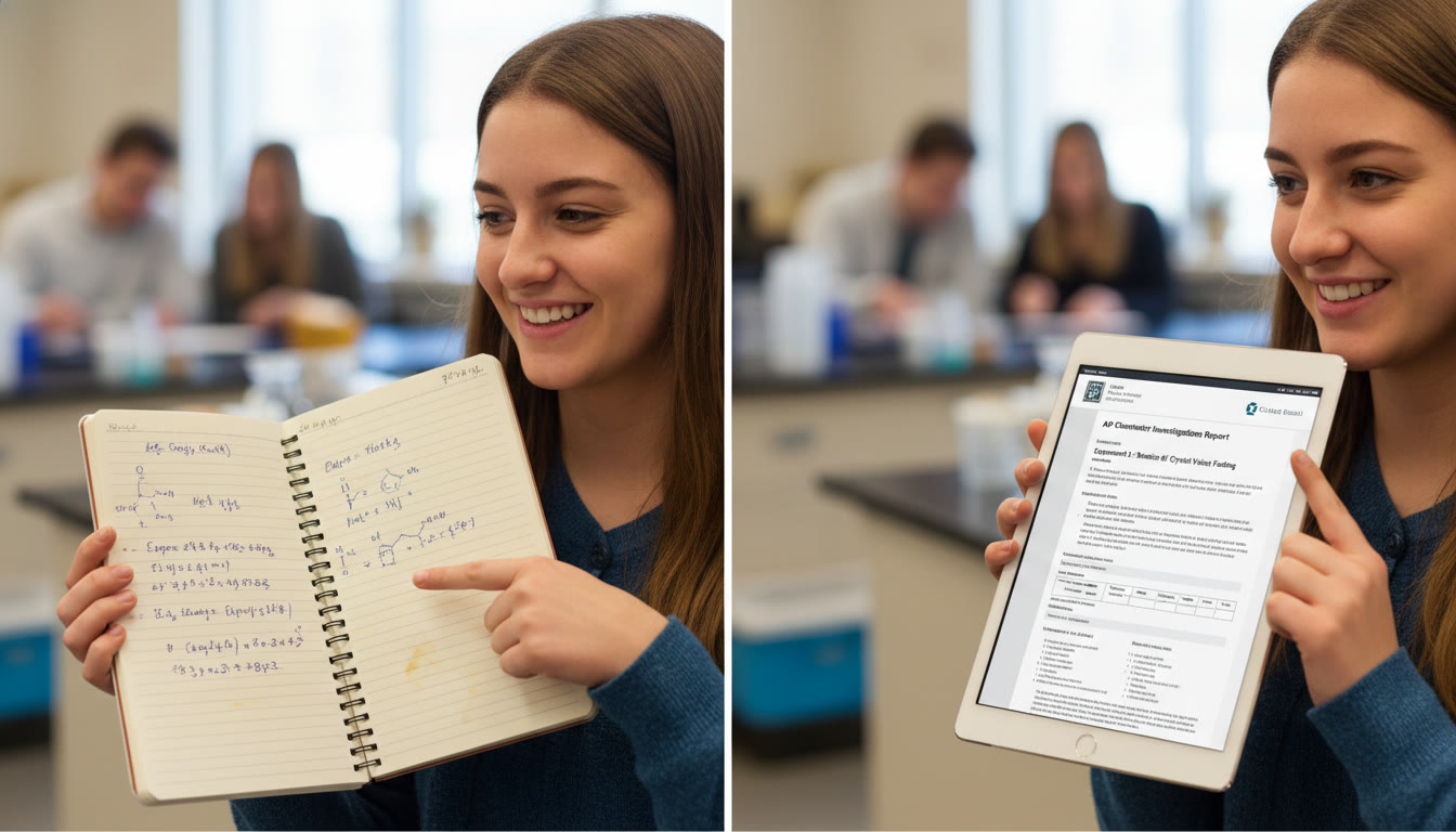 Photo Idea : A side-by-side visual: a student presenting a simple handwritten lab notebook page next to a polished typed AP-style report on a tablet — highlights transformation and clarity.