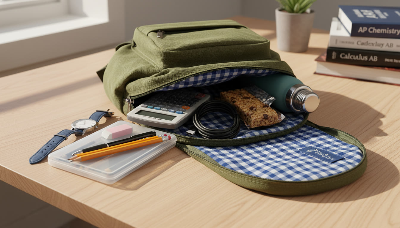 Photo Idea : A close-up shot of a student’s backpack laid open with neatly organized items: a watch, pencils, a calculator, a charger, and a small snack. The composition should suggest practical readiness and calm preparation.