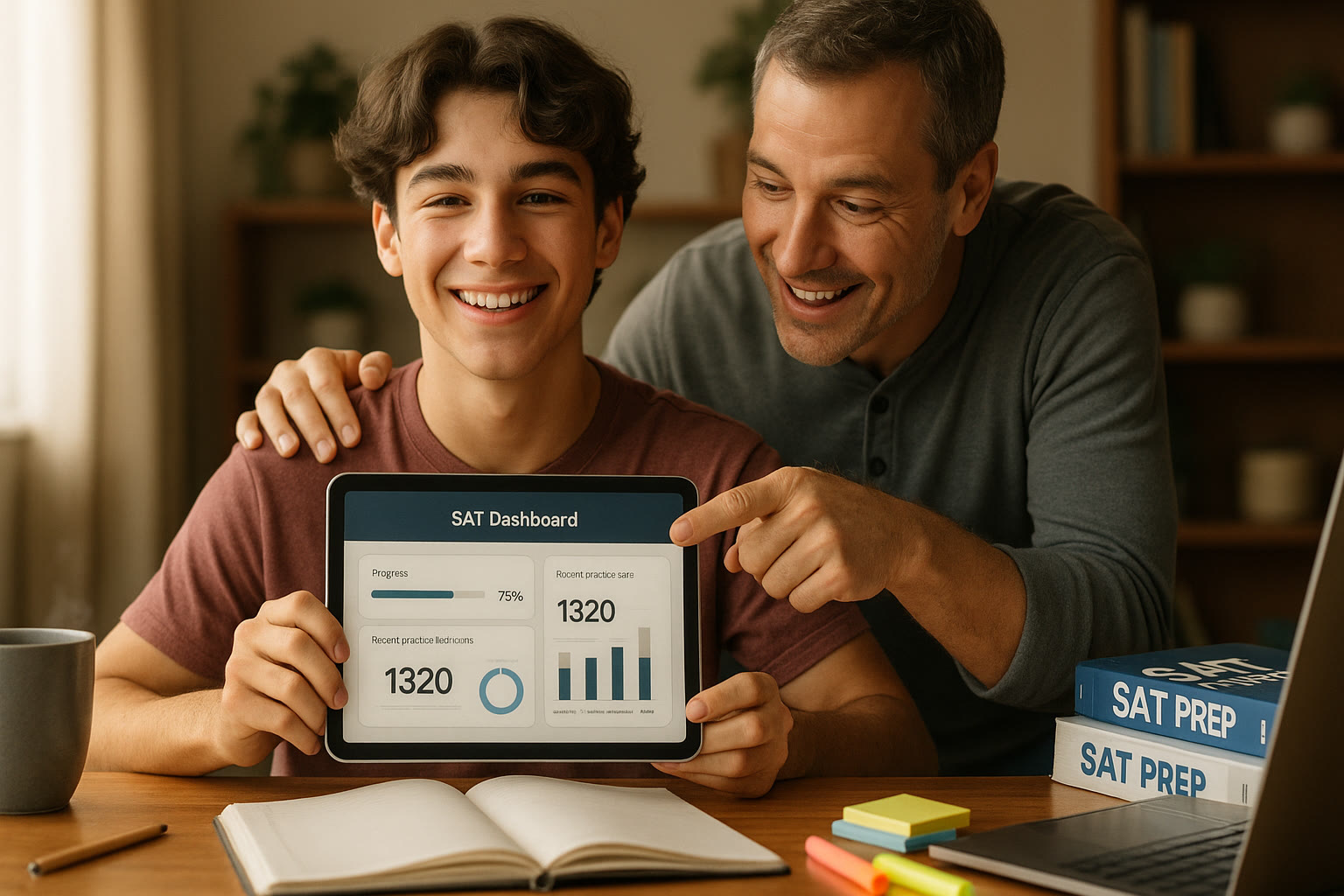 Photo Idea : A high-school student smiling while holding a tablet that shows an SAT dashboard, with a parent leaning over excitedly. Warm natural light and study materials on a table to suggest calm, focused preparation.
