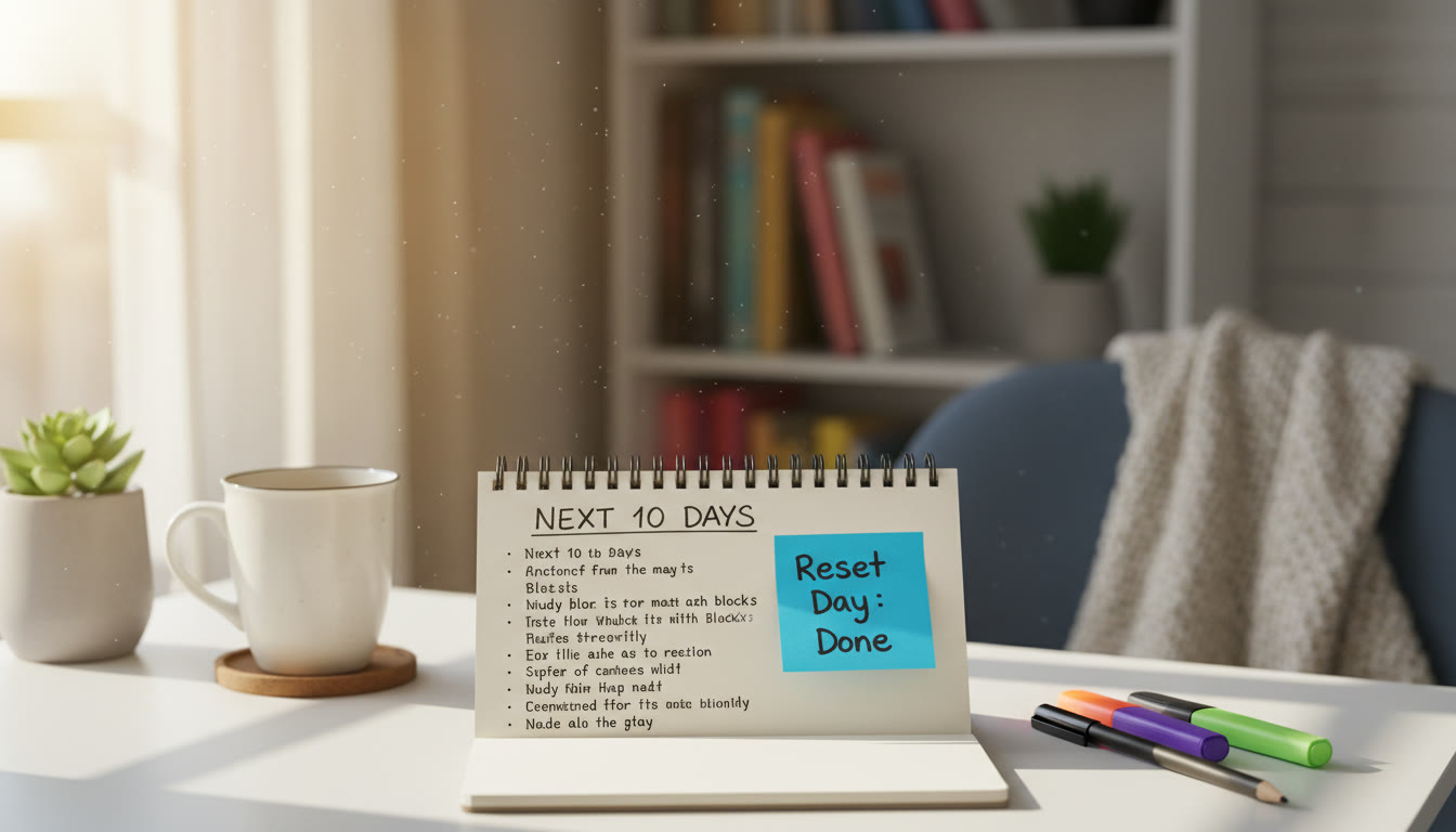 Photo Idea : A small desk setup with a notebook open to a concise plan titled “Next 10 Days” and a sticky note that says “Reset Day: Done.” The scene conveys accomplishment and quiet confidence after intentional rest.
