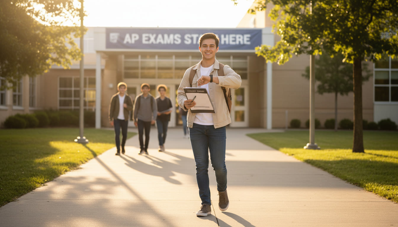 Photo Idea : A candid, early-morning photo of a student checking their watch outside a high school while holding admission materials — warm morning light, sense of motion and purpose.