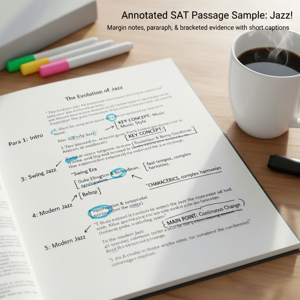 Annotated SAT passage sample: a photographed page showing margin notes, paragraph labels, and bracketed evidence with short captions on what each mark means.