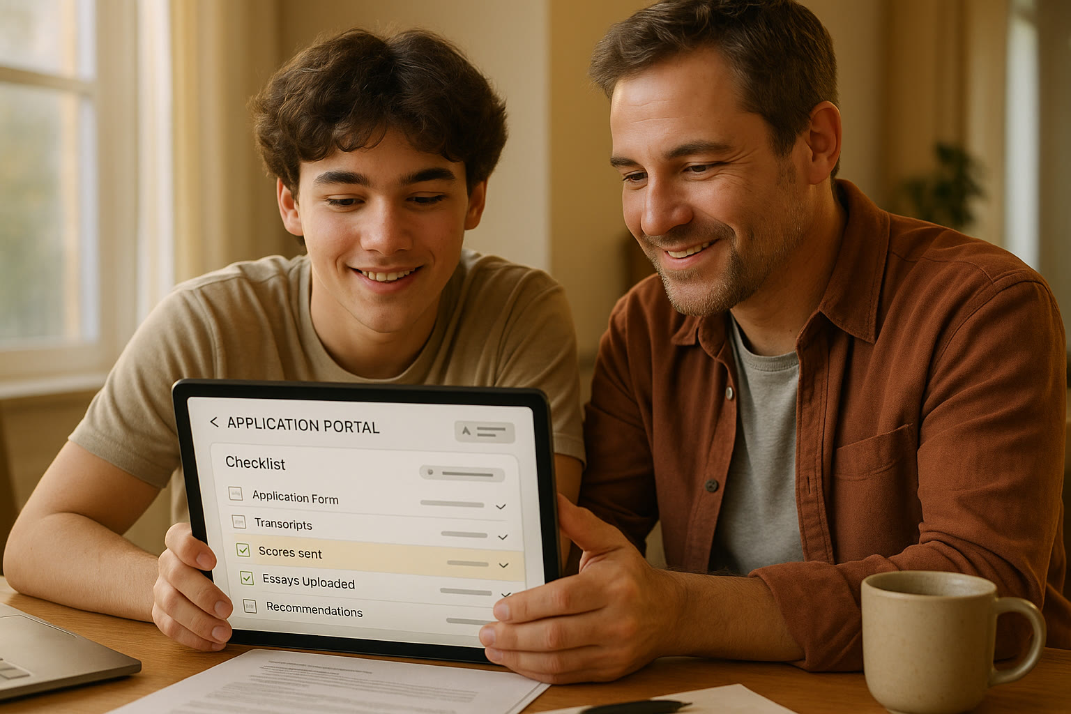 Photo Idea : A student and parent reviewing an application portal together on a tablet, highlighting a checklist that shows 'scores sent' and 'essays uploaded' — warm, collaborative scene.