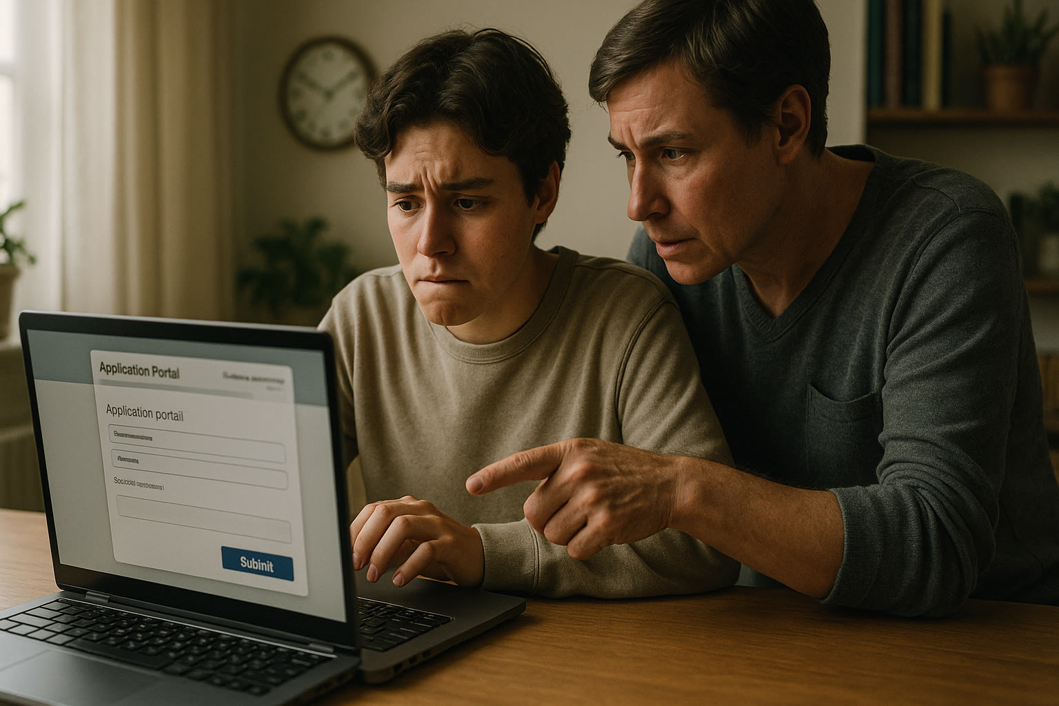 Photo Idea : A nervous student and a parent leaning over a laptop together, looking at an application portal with a clock in the background.