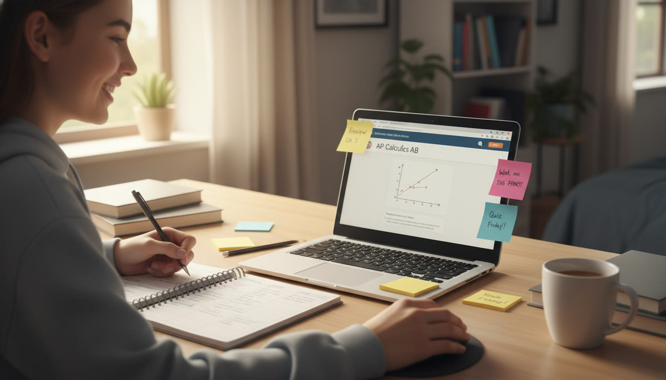 Photo Idea : A high school student at a desk with an open laptop, sticky notes, and a planner showing a weekly schedule; warm natural light to convey calm focus.