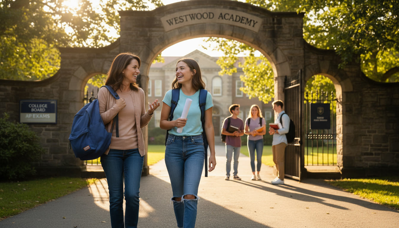 Photo Idea : A peaceful after-exam scene: student walking out of a school gate with a backpack, smiling and talking to a parent — conveys relief and accomplishment.