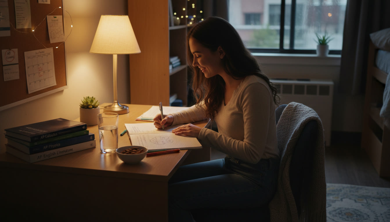 Photo Idea : A cozy evening scene: a student preparing a one-page review sheet under warm desk light with a glass of water and a small bowl of almonds nearby. The image conveys calm preparation and readiness.