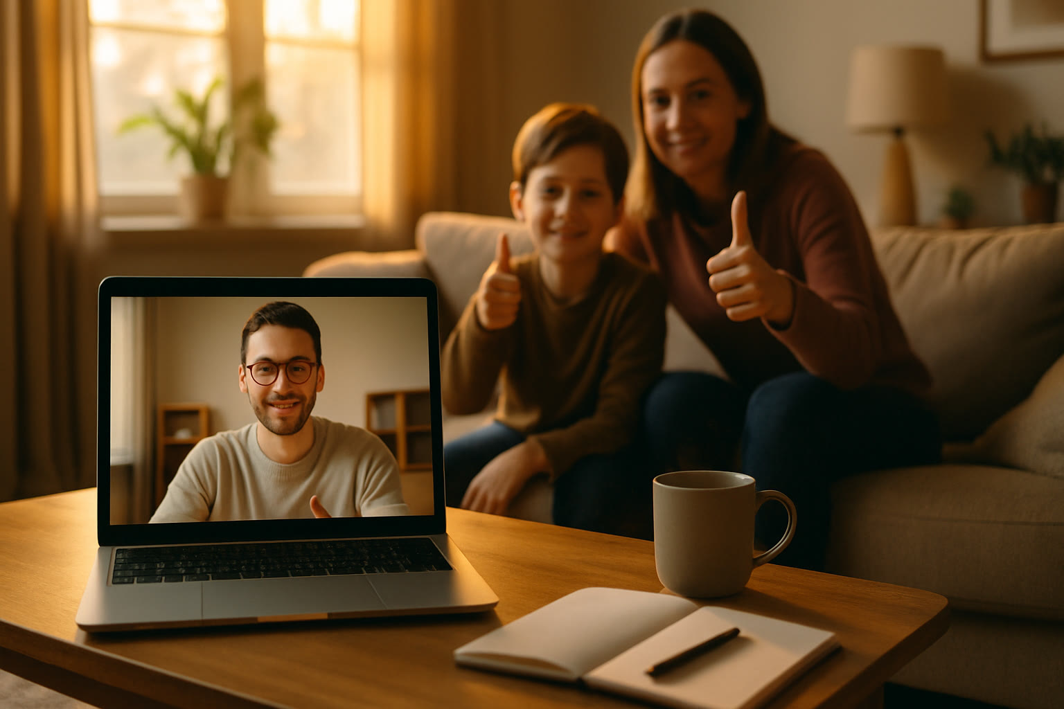 Photo Idea : A cozy late-afternoon scene showing a tutor on a laptop screen with a student and a parent in the background giving a thumbs-up—conveys 1-on-1 connection and family partnership.