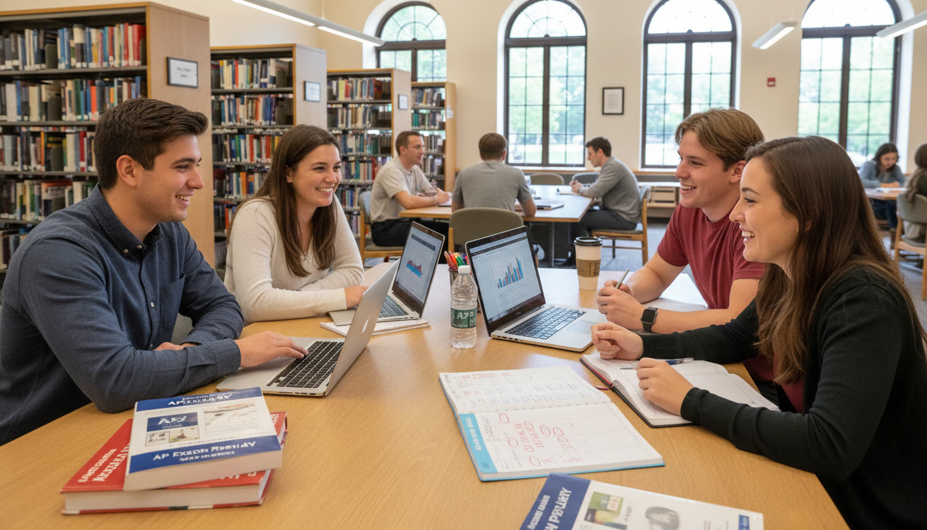 Photo Idea : A dynamic image of a mixed student group working together in a library with a counselor at a table — laptops, AP prep books, and a visible planner on the table to suggest active scheduling and collaboration.