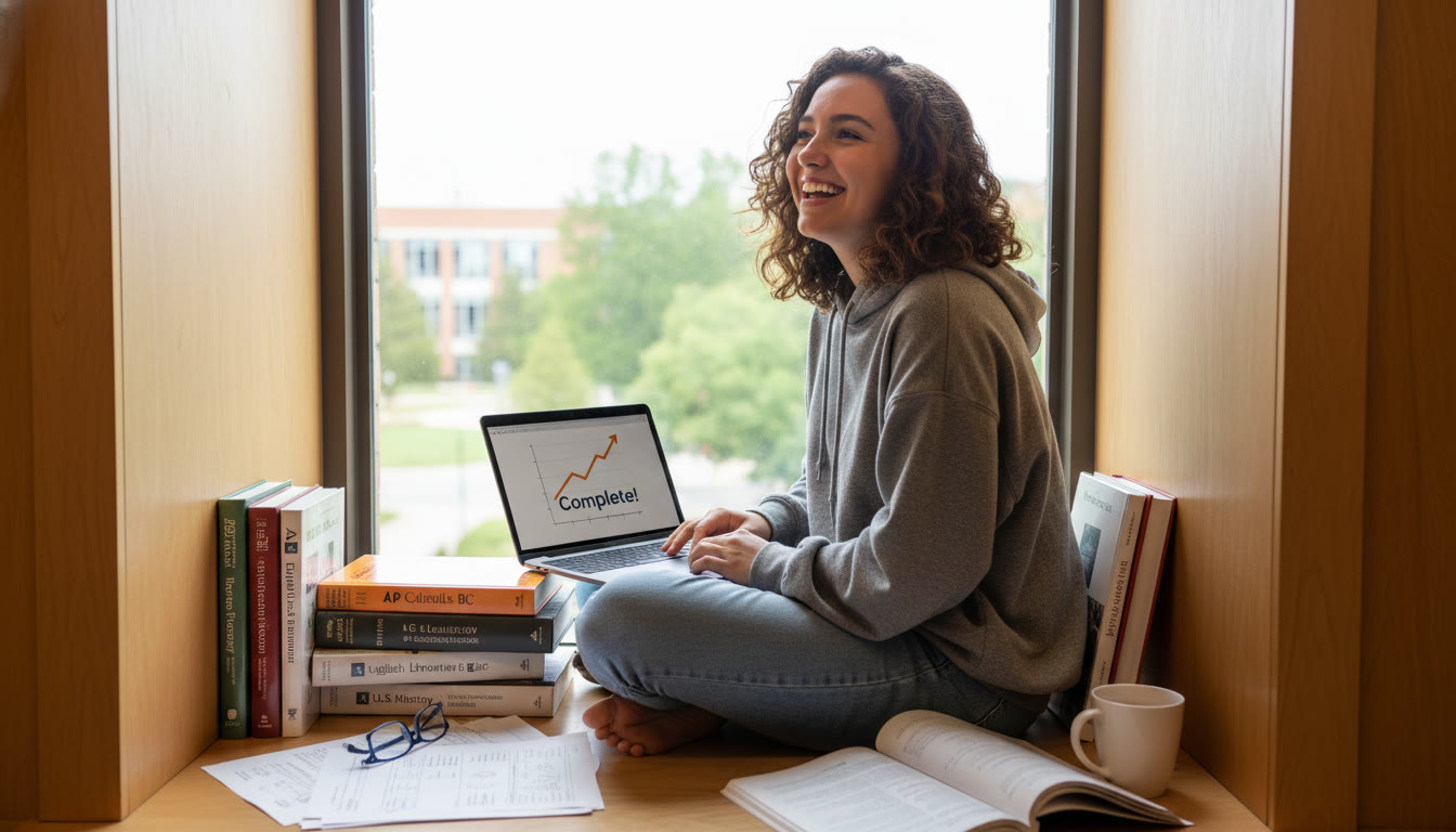 Photo Idea : A confident student in a quiet study nook with a laptop and a few AP textbooks, smiling after a successful tutoring session visualizing growth, focus, and optimism.