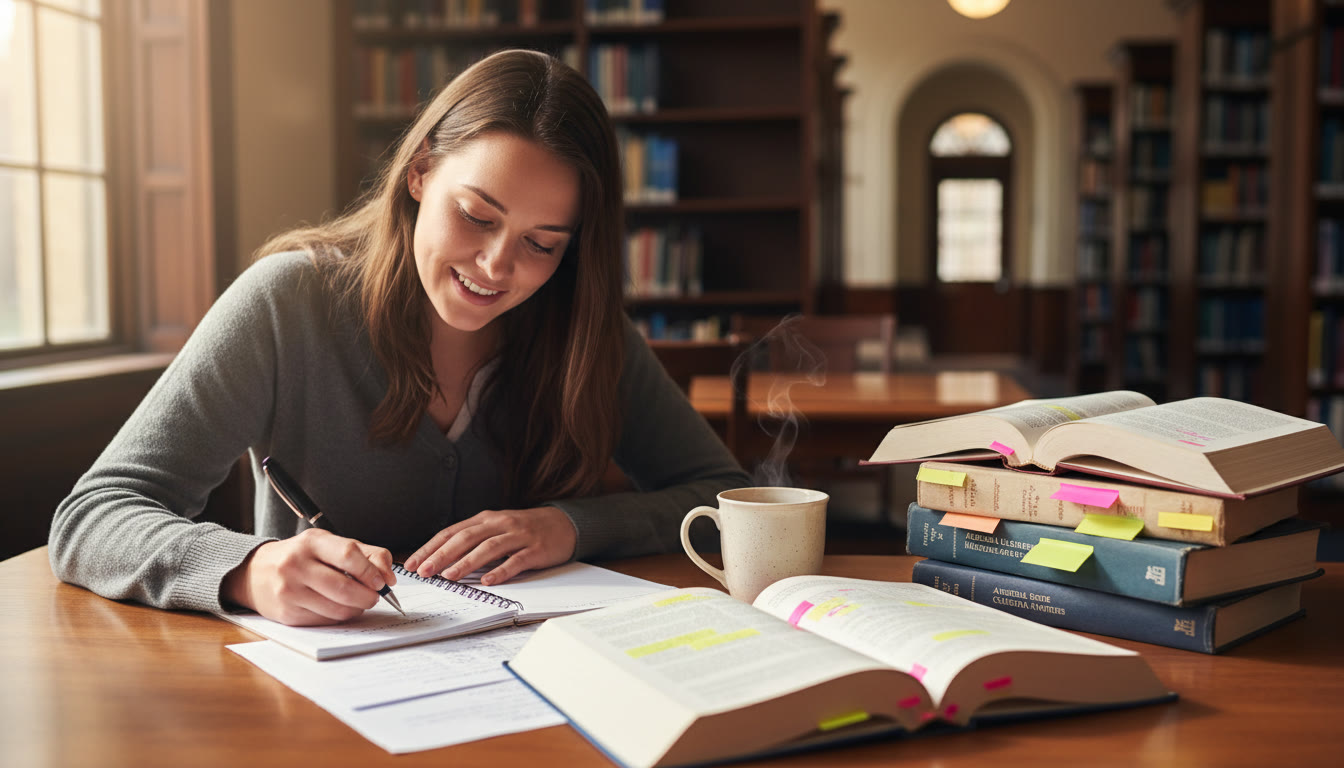 Photo Idea : A student at a wooden library table, writing with a cup of tea nearby and a stack of annotated books showing underlined passages—captures close textual work and reflective writing.