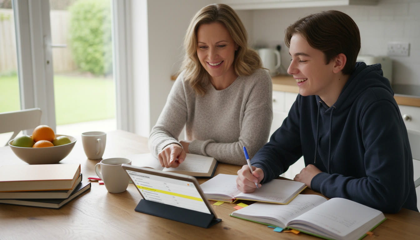 Photo Idea : A parent and teen at a kitchen table with notebooks and a tablet showing a study plan; the parent points at a highlighted checklist while the teen smiles—evoking planning, partnership, and forward motion.