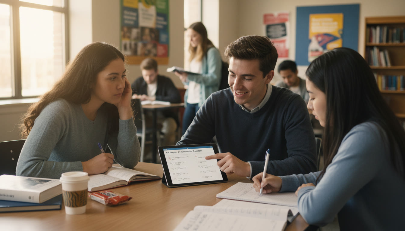 Photo Idea : A small group tutoring session where a tutor works with a student on an AP practice question while another student takes notes. The atmosphere is collaborative and focused — ideal for showcasing personalized guidance.