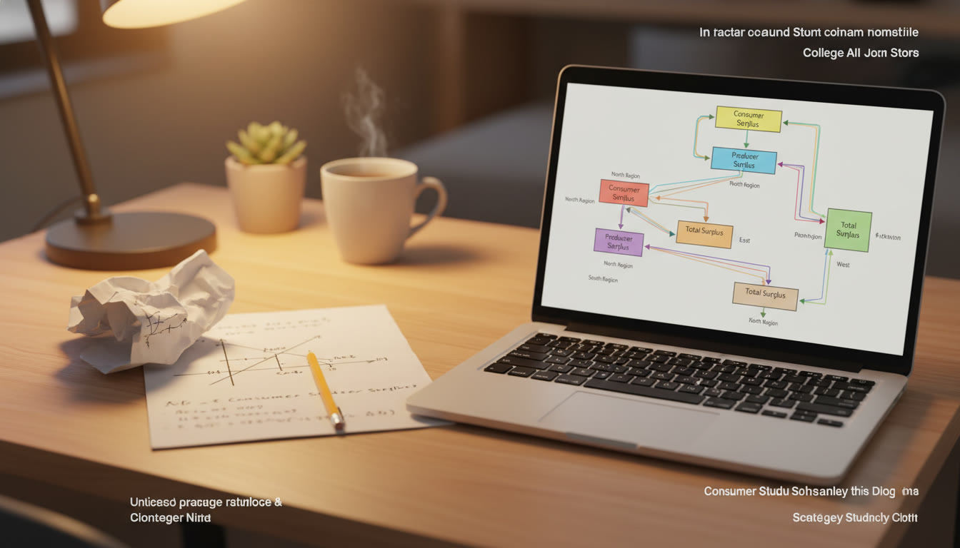 Photo Idea : A student’s desk with a printed AP economics graph sheet, a pencil, and a laptop showing a Sankey of surplus regions—clean, warm lighting to evoke focused study.