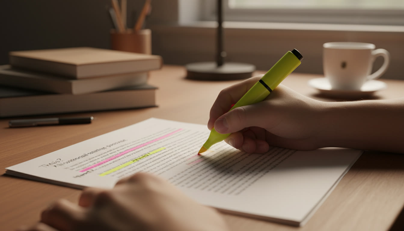 Photo Idea : A close-up of a student's hand annotating a printed AP passage with a highlighter and margin notes; warm lighting, shallow depth of field to emphasize the active reading process.