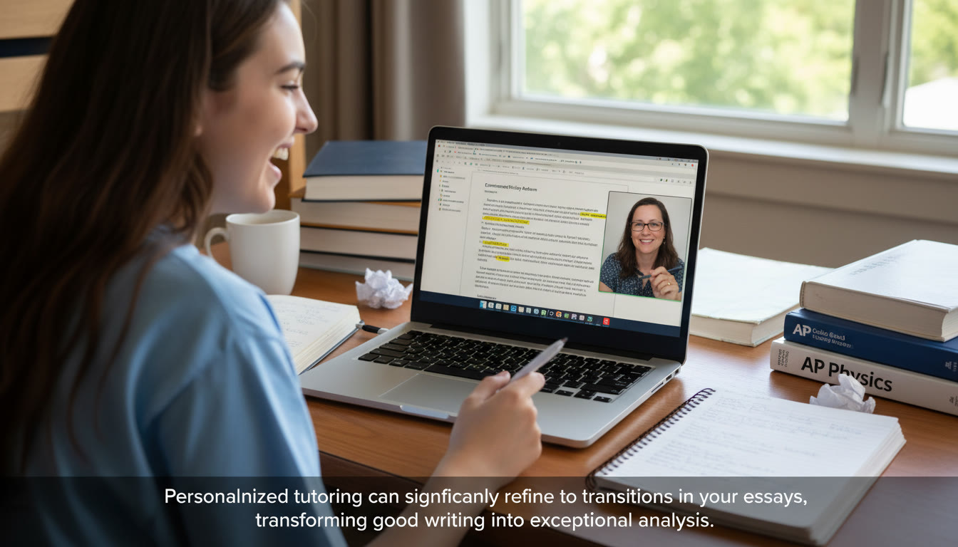 Photo Idea : A student at a desk with open notes, a laptop displaying a draft essay, and a tutor (on video or in person) pointing to highlighted transition words. Caption suggests personalized tutoring helping to refine transitions.