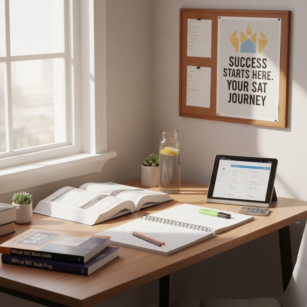 Study nook with natural light, tidy desk, SAT practice materials, and a water bottle — evokes calm, focused preparation.
