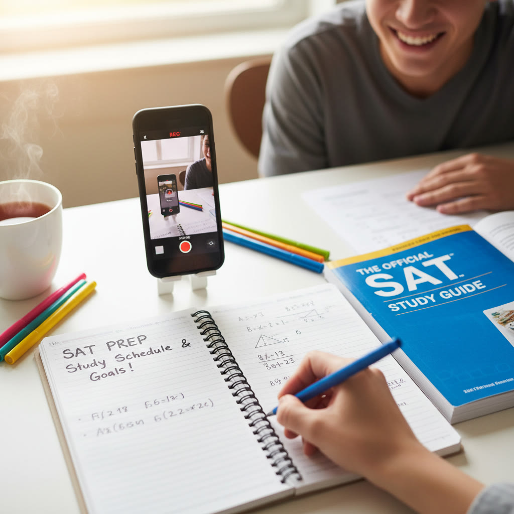Photo idea: A clean study desk with a notebook open, a smartphone recording, and an SAT practice booklet beside it. Description: capture of a student hitting record on their phone while writing notes.