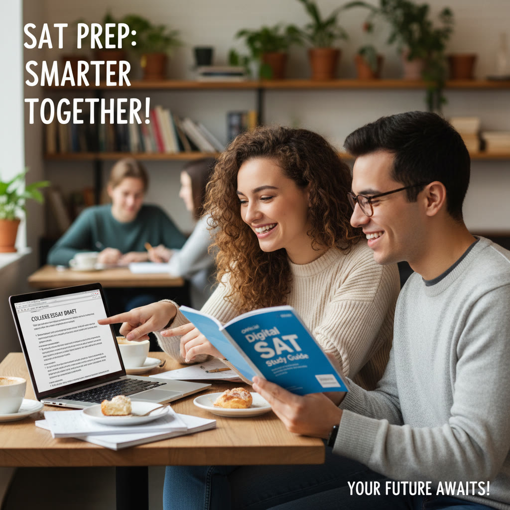 Photo Idea : Two students reviewing an application together at a café table, one pointing at a laptop screen showing an essay draft, the other holding a Digital SAT practice booklet — natural candid shot, warm atmosphere.