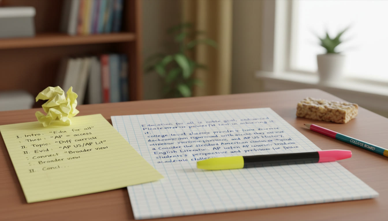 Photo Idea : A close-up of a hand-written outline on scratch paper next to a filled-in essay paragraph, showing the direct translation from outline to prose. Place this image roughly mid-article where practice-to-product is discussed.
