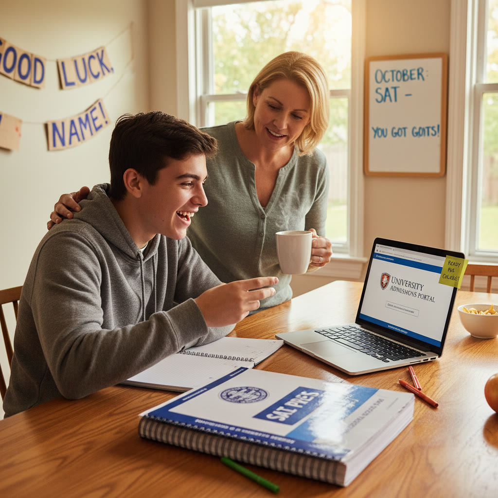 Photo Idea : A warm, candid photo of a high-school senior studying at a kitchen table with a parent nearby, laptop open to a college application and a printed practice SAT test beside a notepad.