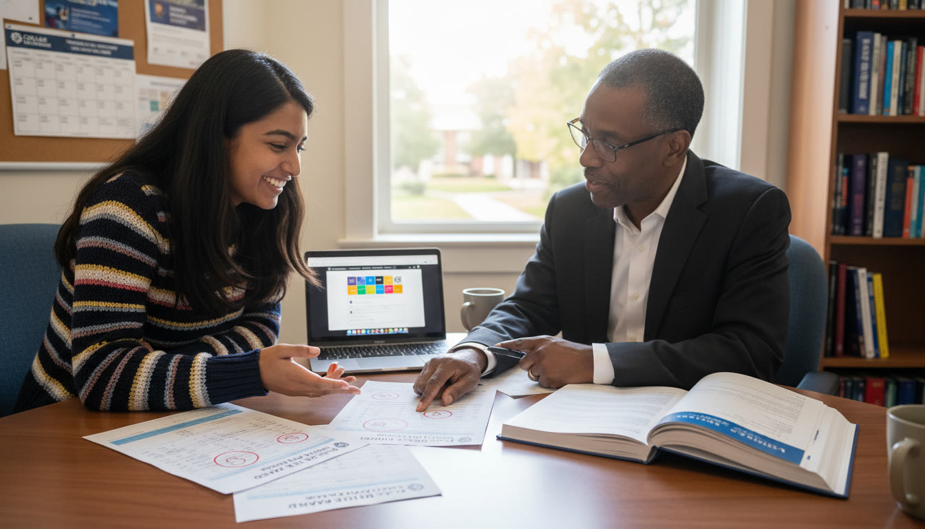 Photo Idea : A close-up of a student meeting with a department advisor at their office, engaged in discussion with printed AP score reports and a course catalog on the desk. The scene should feel collaborative and purposeful.