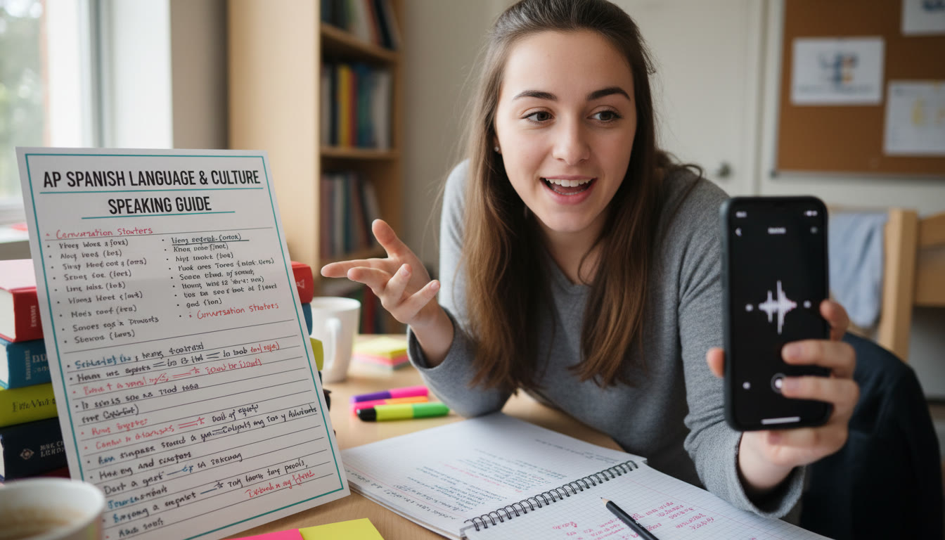 Photo Idea : A close-up action shot of a student practicing spoken prompts with a one-pager propped up, phone recording, and a notebook with corrections—shows the active use of the sheet during practice. Place around two-thirds through the article to illustrate application.