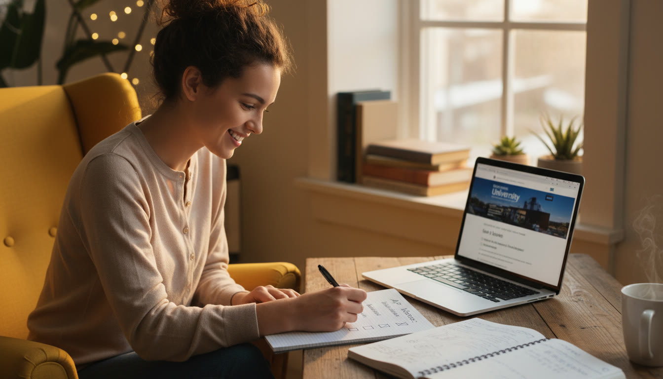 Photo Idea : A student in a cozy study corner marking off boxes on a checklist labeled “AP Scores: Send? Mention? Use for Credit?” — warm light, laptop and notebook visible.