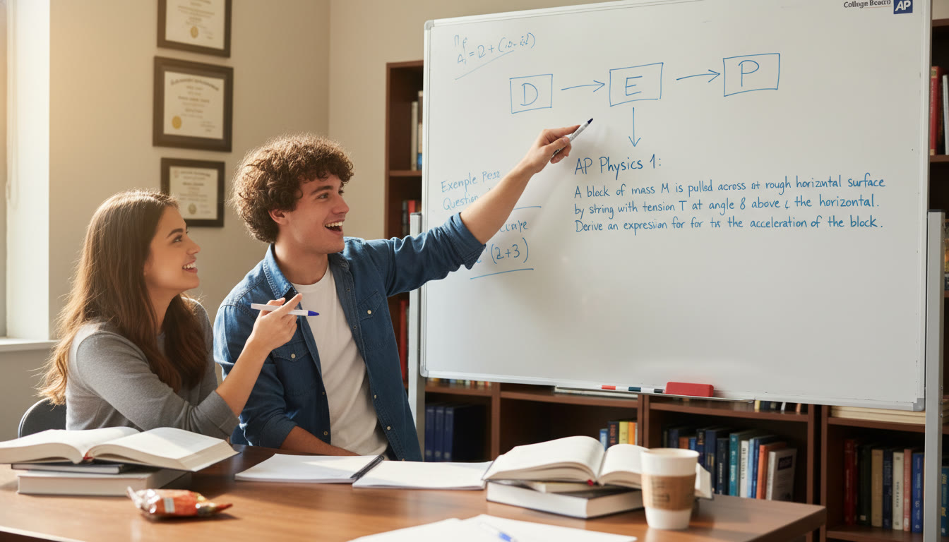 Photo Idea : A student and a tutor (two-person scene), whiteboard in background with a D→E→P flowchart and an example FRQ being worked through — conveys personalized tutoring and active problem solving.