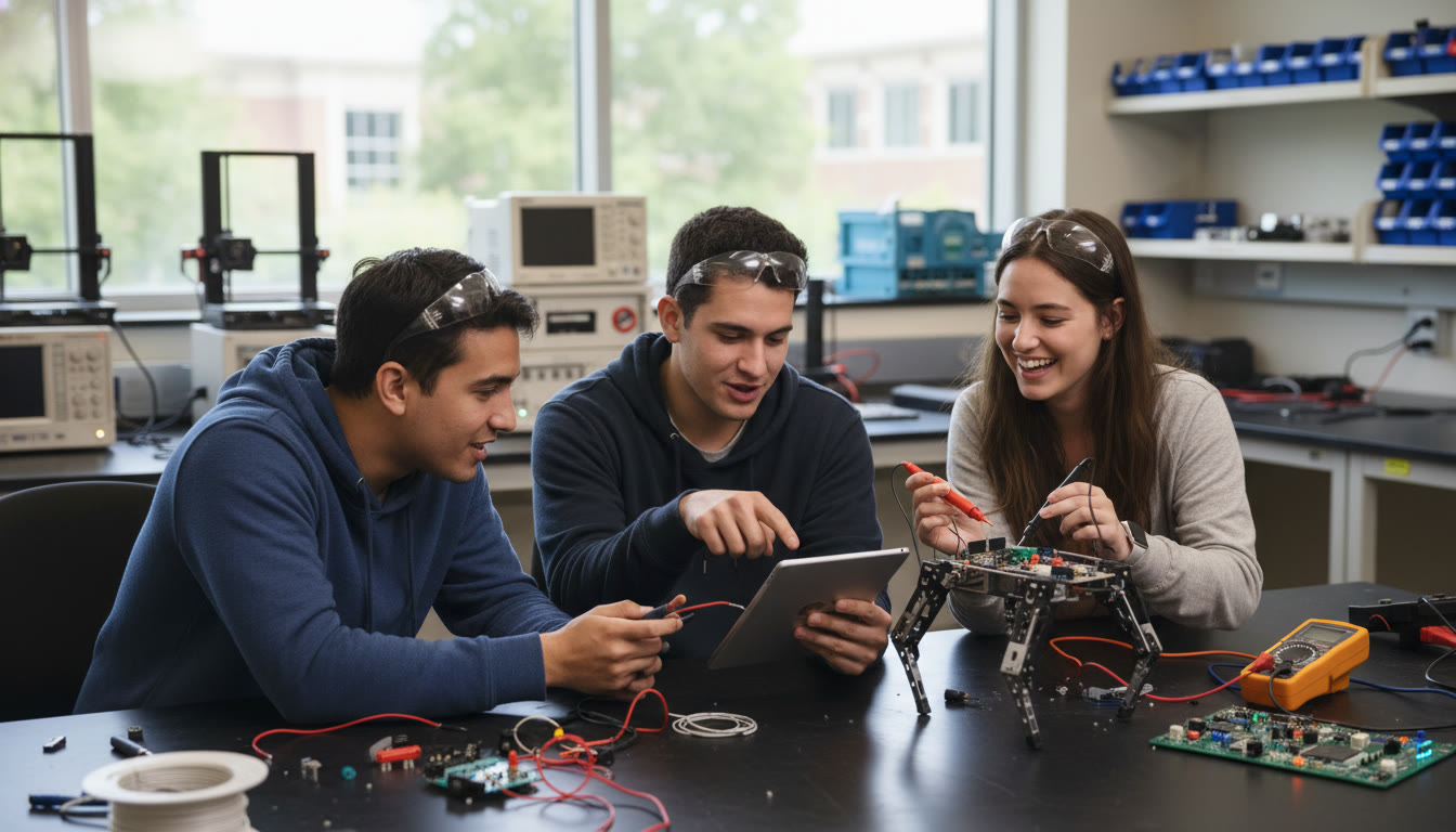 Photo Idea : A dynamic image of a small group of students in a university engineering lab collaborating on a robotics or circuits project—shows the payoff of early AP preparation and the transition to college-level teamwork.