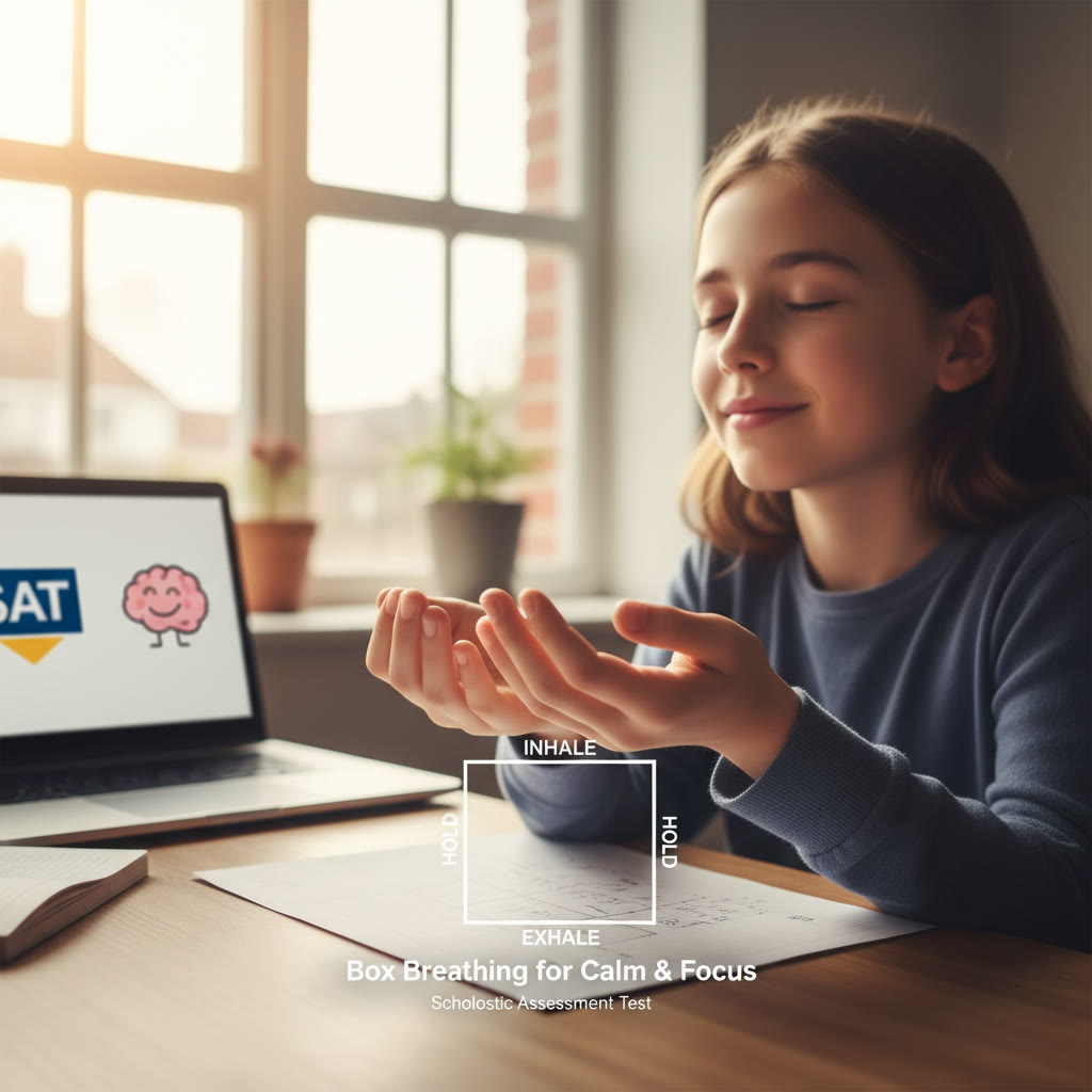 Student sitting at a desk doing box breathing with a soft natural light window in the background — close-up on hands and breathing rhythm suggestion