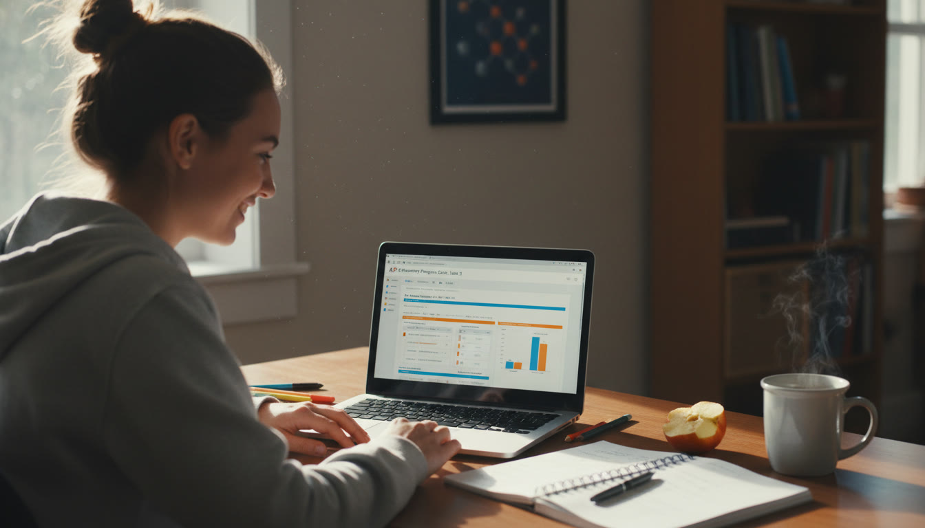 Photo Idea : A student at a desk reviewing an online progress check report on a laptop with colorful highlighted sections and a notebook beside them. The scene should feel warm, focused, and realistic.