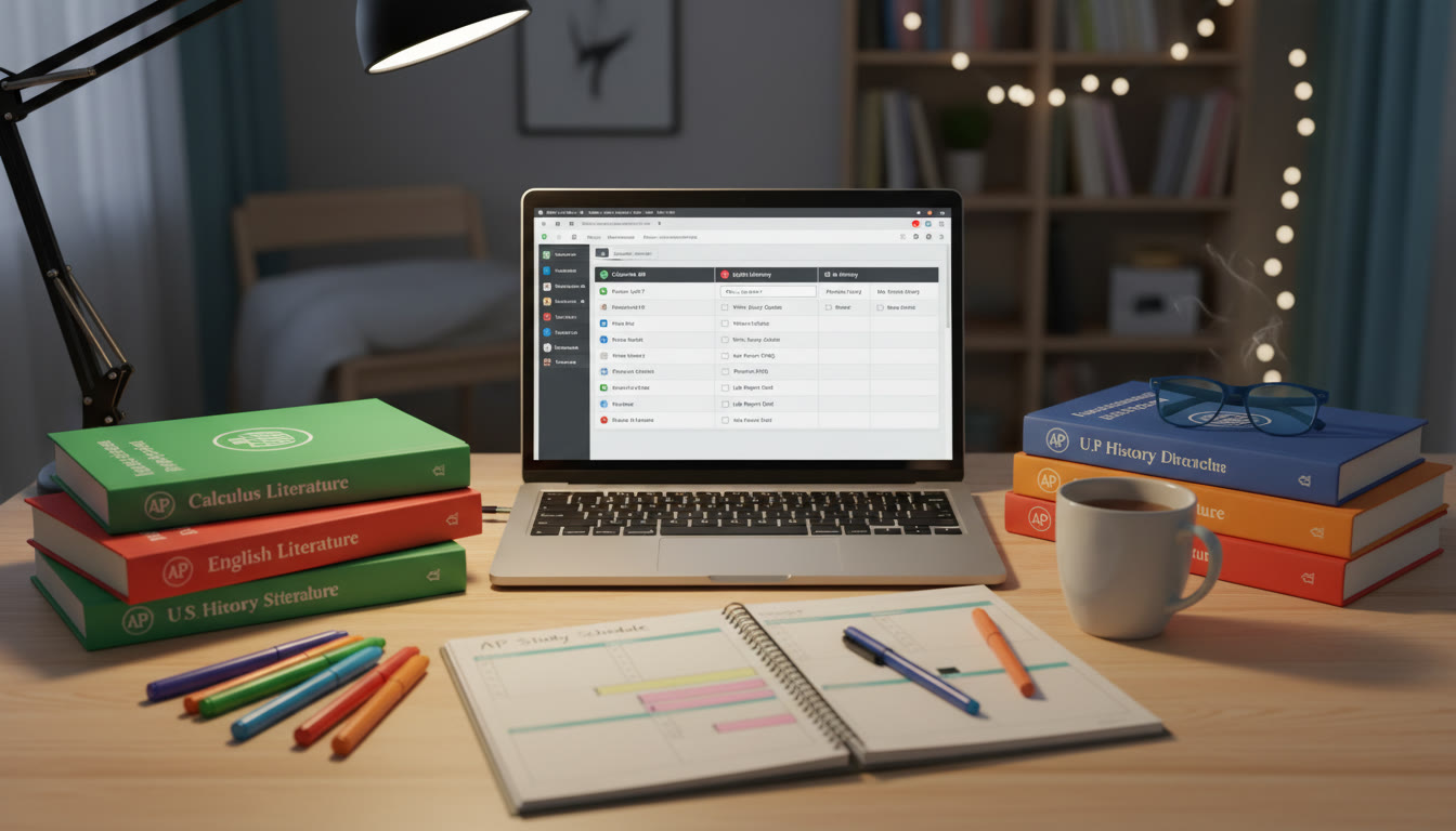 Photo Idea : A tidy, student-friendly Notion dashboard on a laptop screen, surrounded by color-coded AP textbooks, highlighters, and a planner. The desk has a warm lamp and a cup of tea to suggest late-night study vibes.