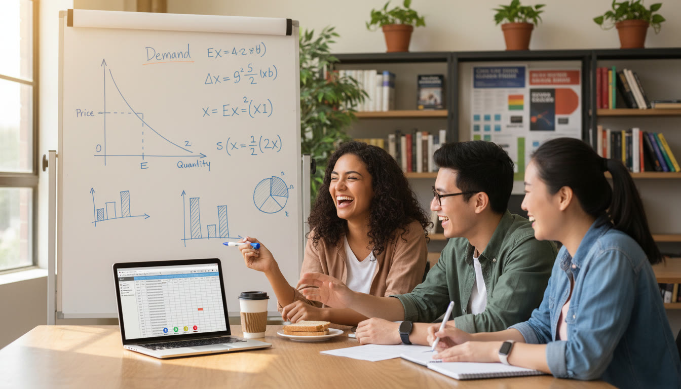 Photo Idea : A group of college students collaborating over a laptop and a whiteboard filled with graphs, equations, and a simple demand curve—visualizes the bridge between high-school AP work and college/business applications.