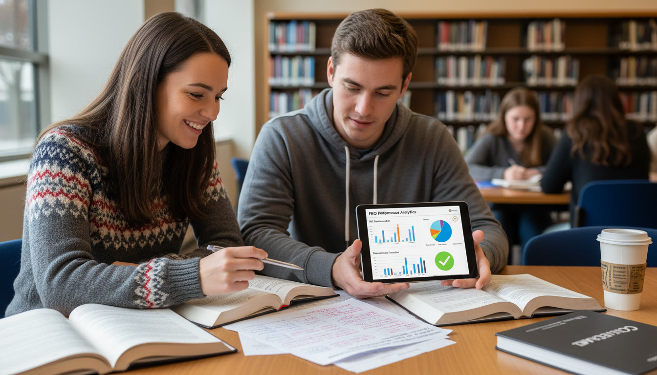 Photo Idea : A tutor and student sitting at a table, reviewing a marked FRQ with a tablet showing analytics — conveys personalized, expert feedback and focused study. Natural light, encouraging atmosphere.