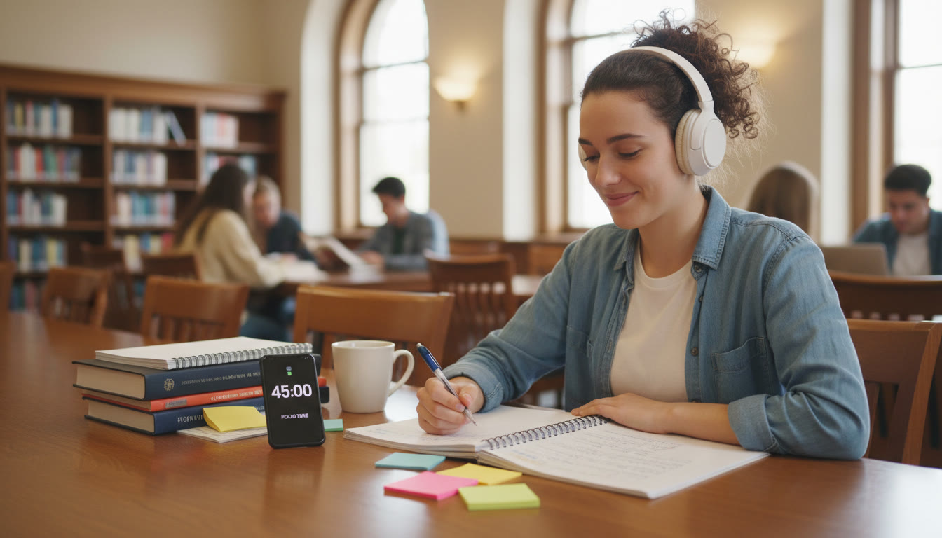 Photo Idea : A student at a library table mid-study, headphones on, notebook open with a timer app visible; the image should convey calm focus in a public setting.