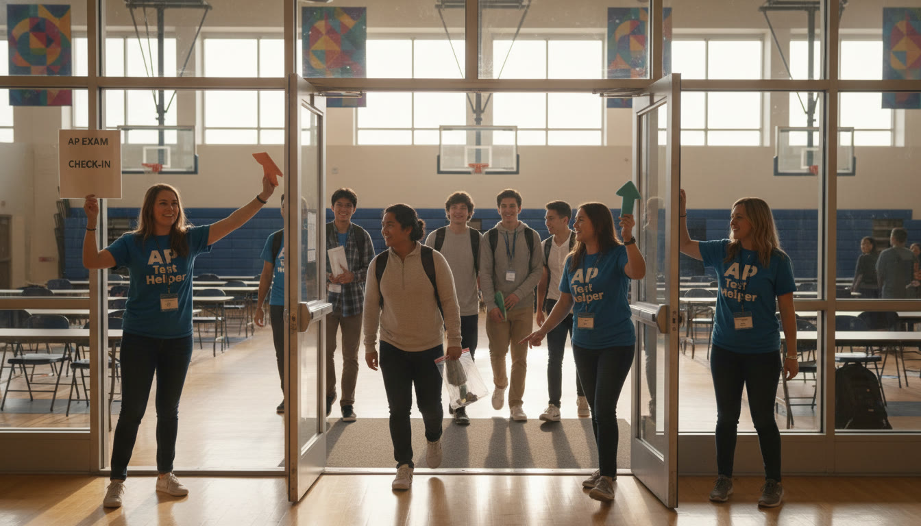 Photo Idea : A bright, candid shot of high school students entering a testing center diverse students carrying backpacks and a few volunteers directing them, morning light streaming through gym doors.