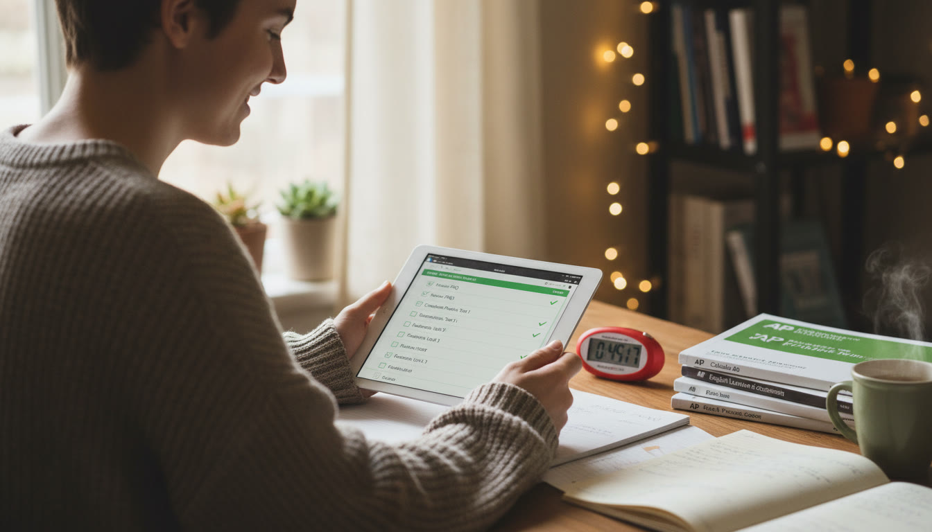 Photo Idea : Over-the-shoulder shot of a student in a cozy study space reviewing a checklist on a tablet, with practice test pages and a stopwatch visible — suggests preparation, checklist use, and calm review.