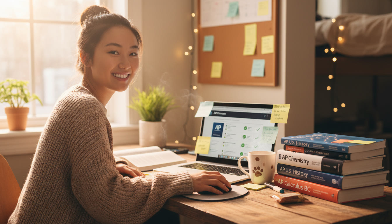 Photo Idea : A warm, candid shot of a student at a desk with AP textbooks, a laptop open to AP Classroom, sticky notes, and a mug—conveying focused, joyful studying. Place near the top to set the tone.