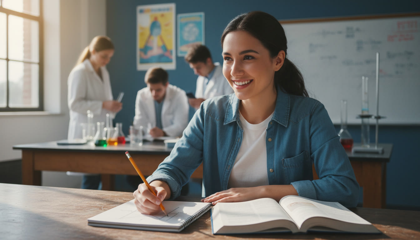 Photo Idea : A student at a lab bench sketching a free-body diagram and listing variables on a notepad—natural light, focused expression, school lab in the background.