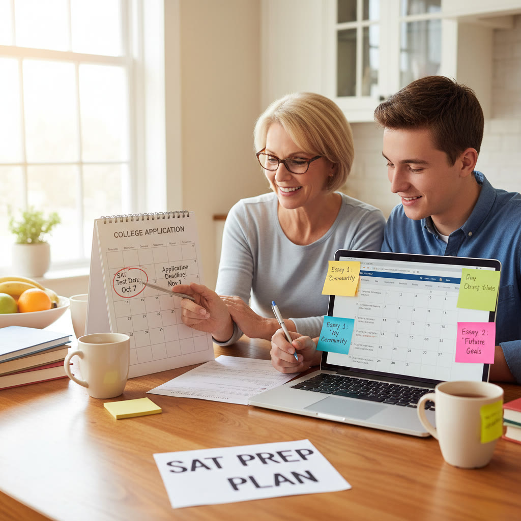 Photo Idea : A parent and student reviewing an application checklist at a kitchen table — visible calendar with marked test dates, a laptop showing a practice test, and sticky notes with essay prompts. Natural caring atmosphere.