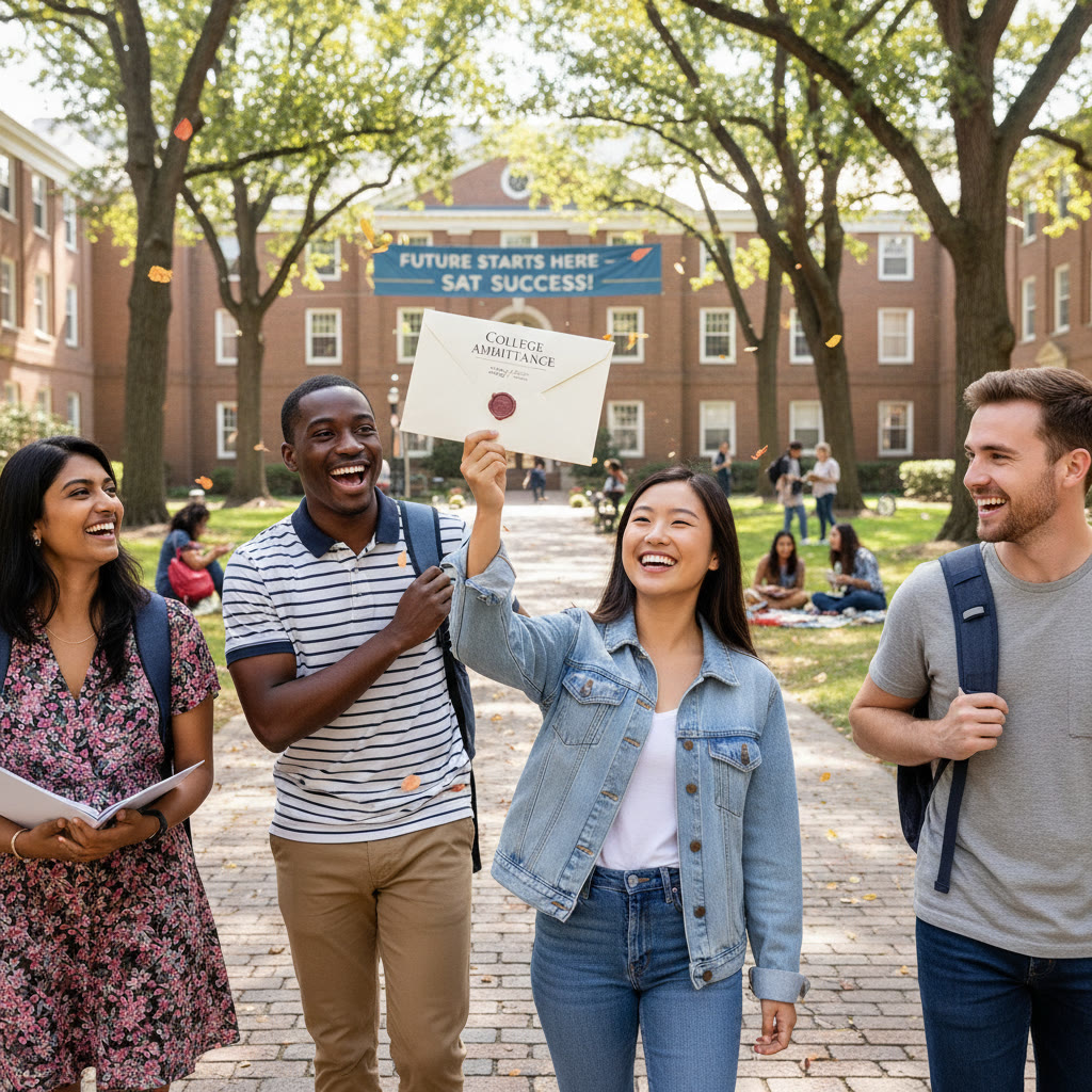 Photo Idea : A group of diverse students walking on a sunny campus quad, one holding an acceptance letter-style envelope, smiling and talking