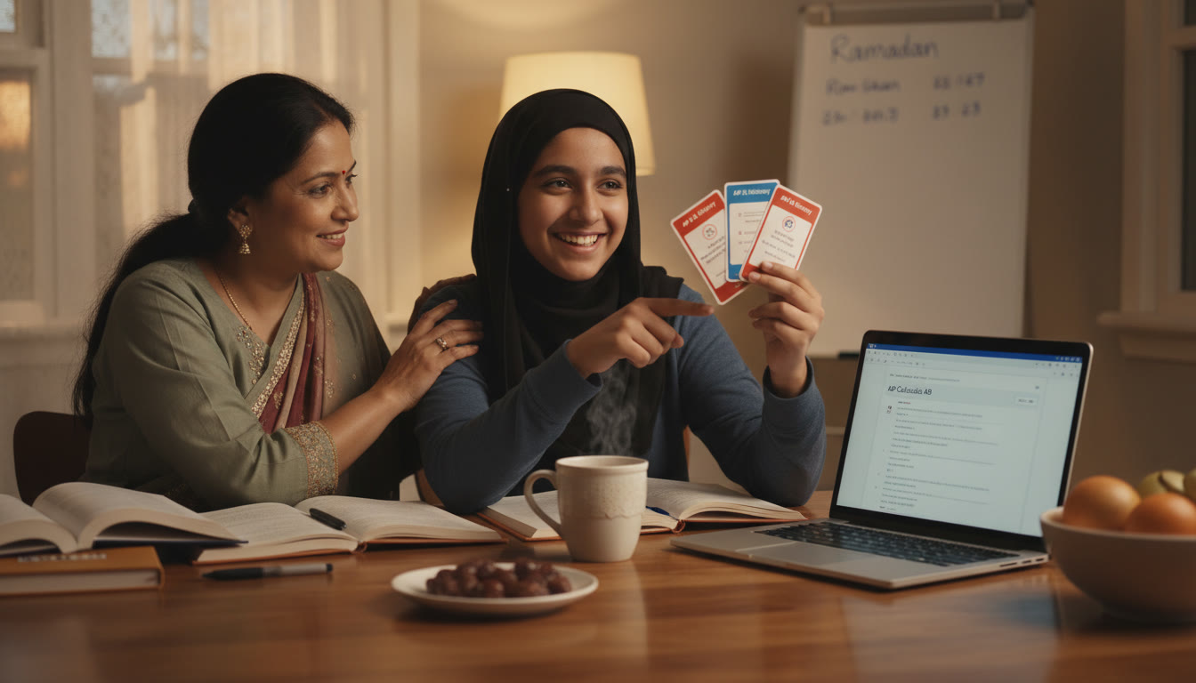 Photo Idea : A warm, candid photo of a parent and teen at a kitchen table after sunset during Ramadan, reviewing AP flashcards next to a cup of tea and a laptop showing practice problems.