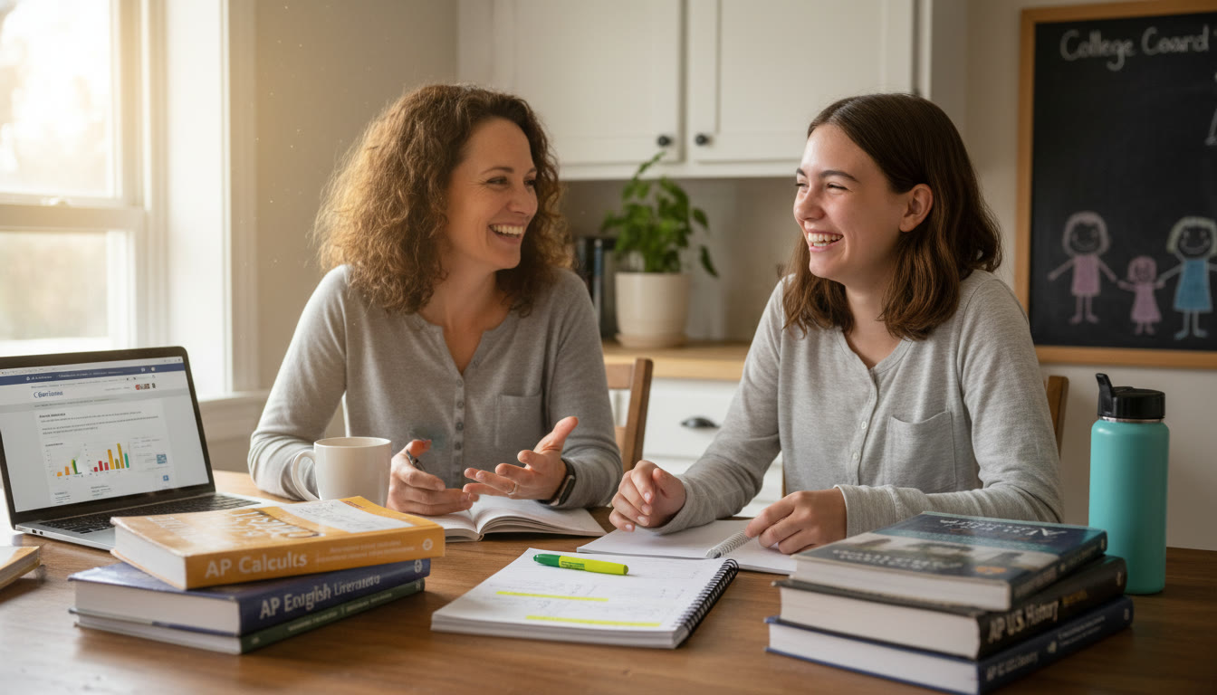 Photo Idea : A warm, candid image of a parent and teen at a kitchen table, mid-conversation, surrounded by AP textbooks and a laptop—natural smiles, a notebook with a shared plan highlighted.