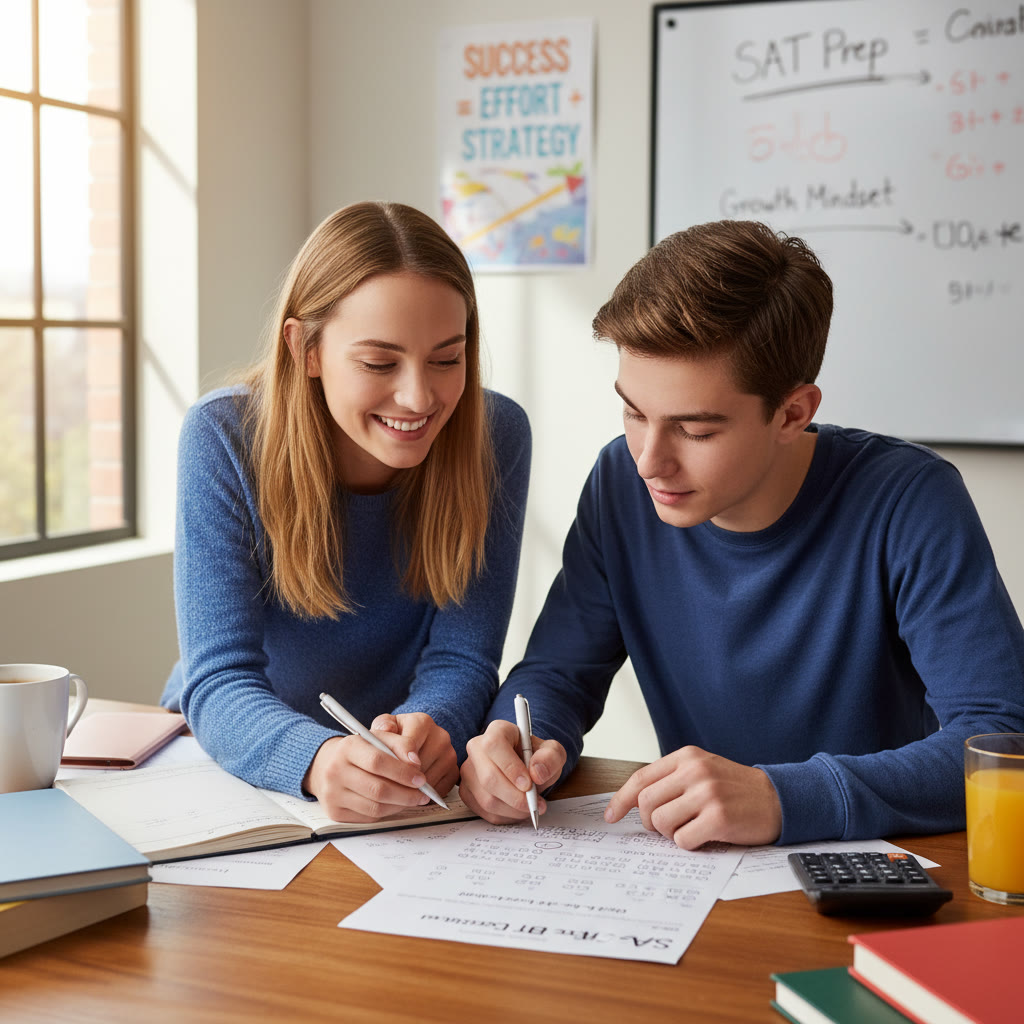 Photo idea: A tutor and student reviewing an error log together, pointing at a question on paper; the scene highlights 1-on-1 guidance and collaborative problem-solving.