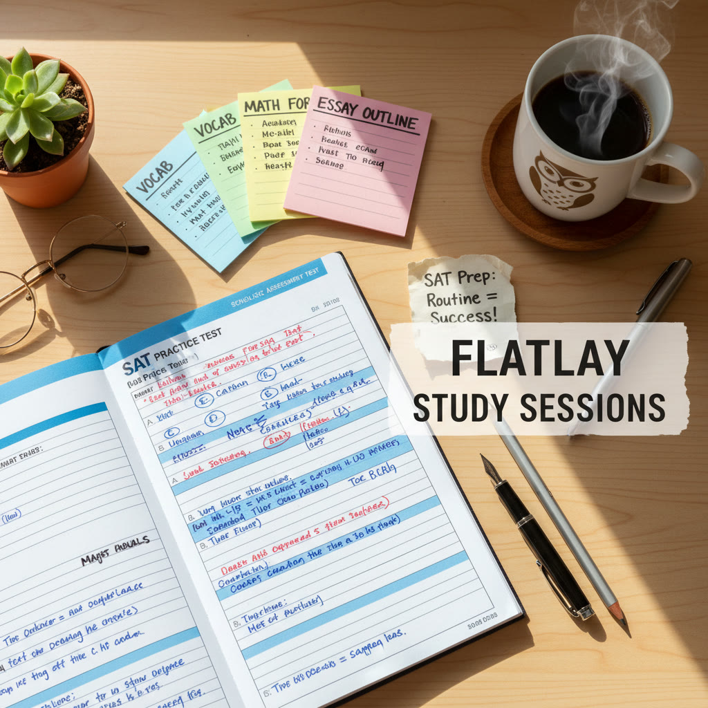 Flatlay of study materials: annotated practice test, colored index cards, and a coffee mug; suggests an organized, repeatable study routine