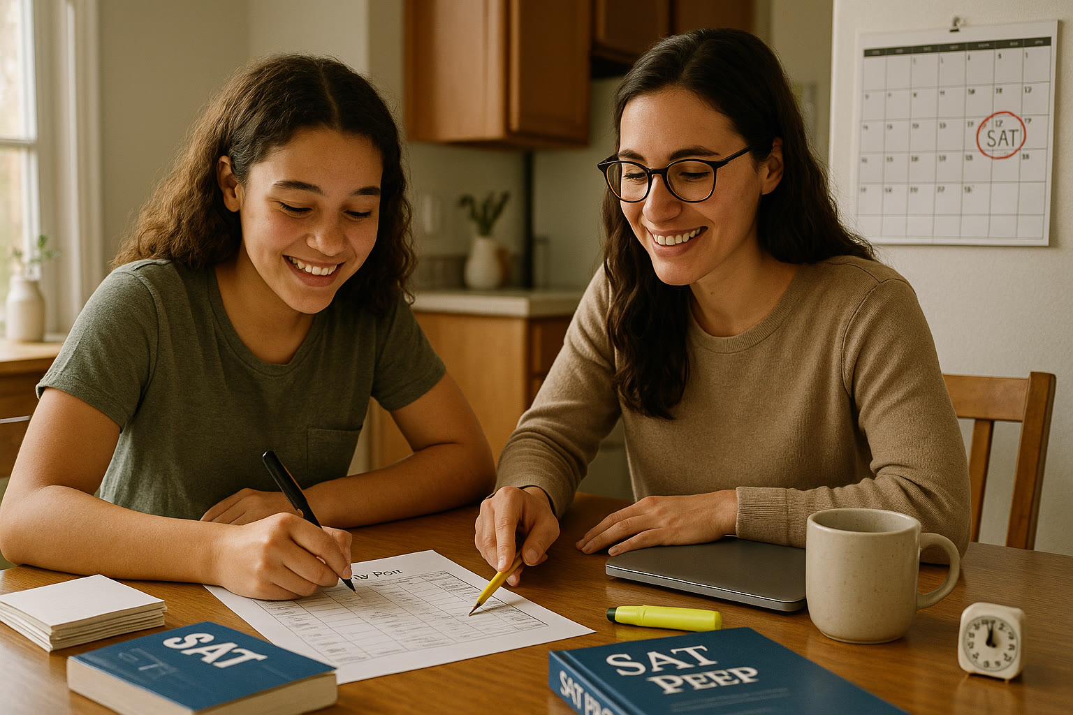 Photo Idea : A hopeful scene of a teen revising a compact study plan with a tutor at a kitchen table, relaxed smiles, and a calendar showing a new SAT date circled.
