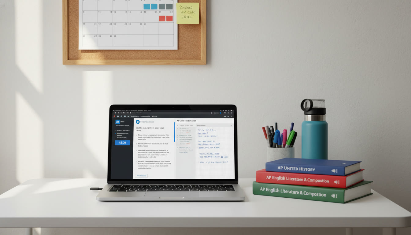 Photo Idea : A tidy study desk with a laptop showing a digital practice test on one half of the screen and a digital notebook app on the other, a small stack of AP textbooks nearby, and a calendar with a study plan pinned to the wall.