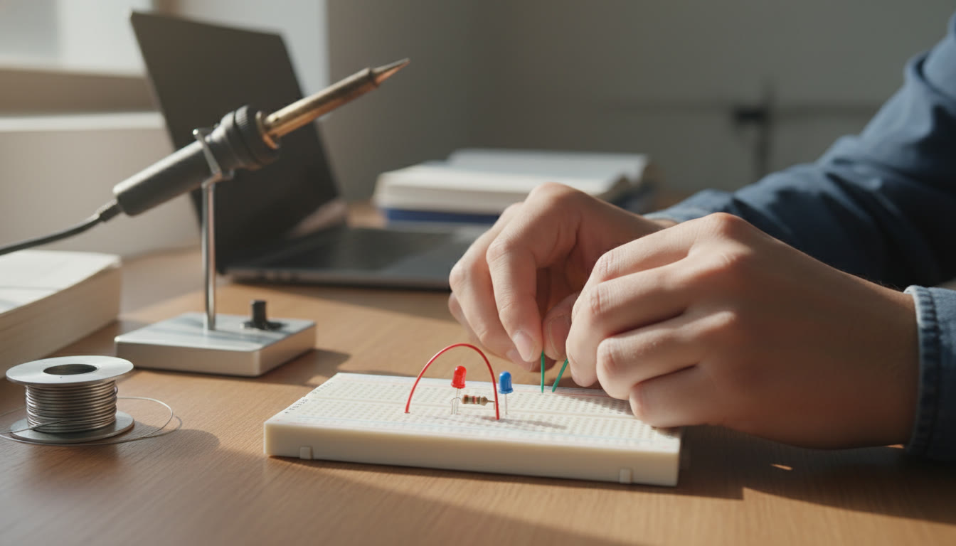 Photo Idea : Close-up of a lab bench with a breadboard, an LED, a resistor, and a small capacitor. Natural lighting, hands adjusting a jumper wire — conveys hands-on experimentation and approachable electronics.